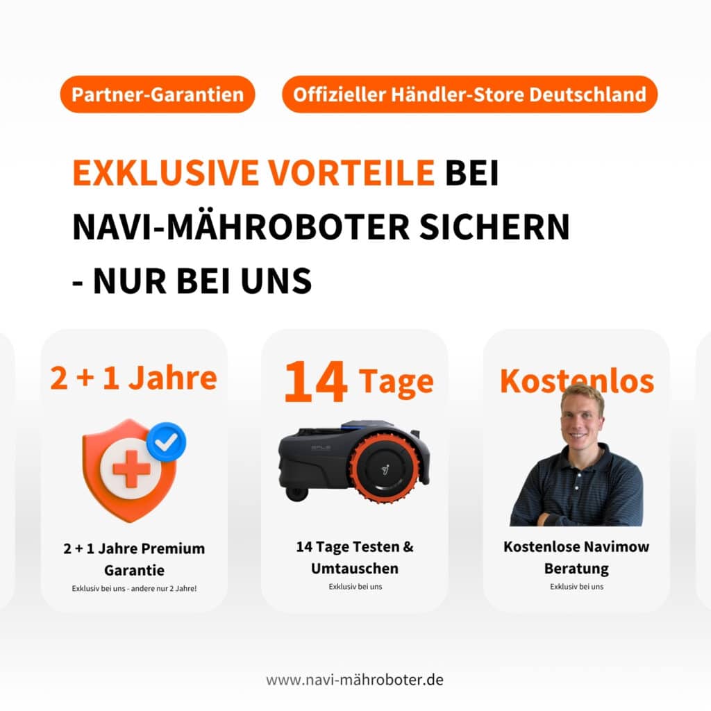 Segway Navimow exklusive Vorteile bei navi-maehroboter.de – 2+1 Jahre Premium-Garantie, 30 Tage Testen und Umtauschen, kostenlose persönliche Navimow-Beratung, offizieller Händler-Store Deutschland
