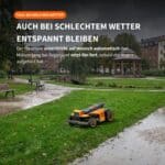 Segway Navimow Terranox Mähroboter mäht bei Regen im Park – automatische Regenpause und Wiederaufnahme des Mähvorgangs