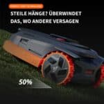 Segway Navimow X3 Mähroboter mit Perfect-Grip Technologie auf steilem Hang – orangefarbene Allrad-Reifen bis 50% Steigung