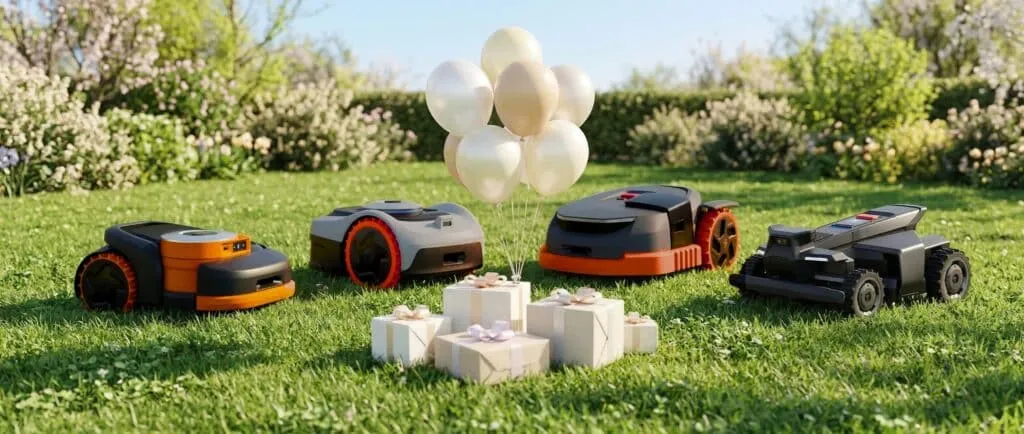 Segway Navimow Mähroboter Flotte auf Rasen mit Geschenken und Luftballons als Jubiläums-Angebot
