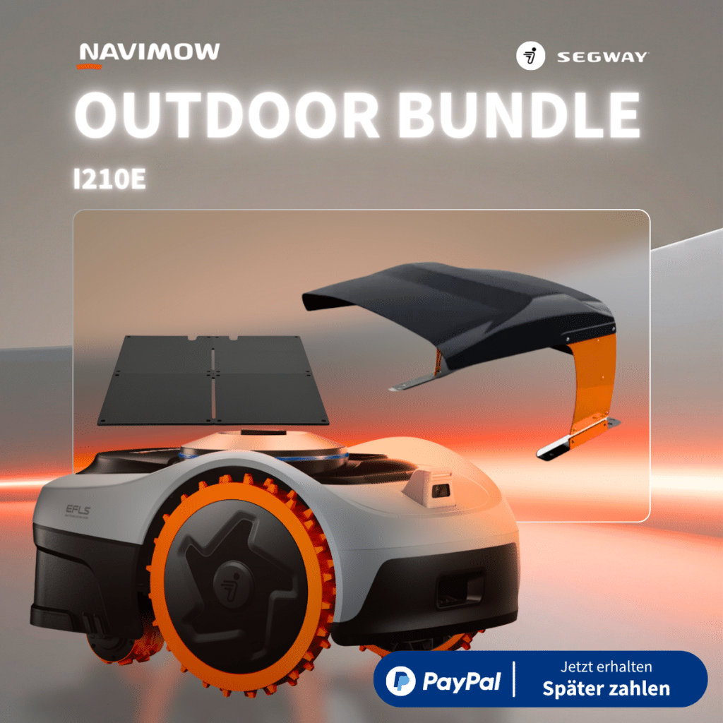 Navimow I210E Mähroboter in Weiß-Orange mit Outdoor Bundle: Regenschutz-Abdeckung und Garagenmatte als Explosionsdarstellung