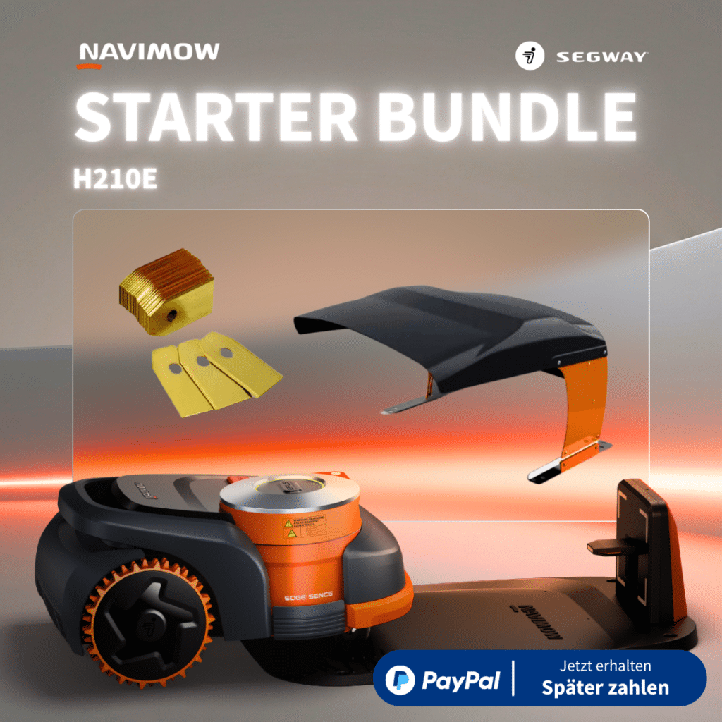 Navimow H210E Mähroboter Starter Bundle mit Long Life Klingen, Regenschutz-Abdeckung und Ladestation als Explosionsdarstellung