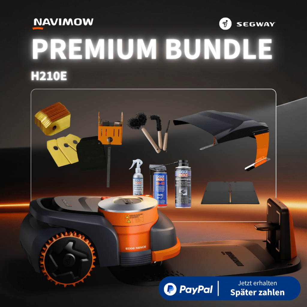 Navimow H210E Mähroboter Premium Bundle mit Long Life Klingen, Ersatzklingen, Reinigungsbürste, Liqui Moly Pflege-Set, Regenschutz und Garagenmatte als Explosionsdarstellung