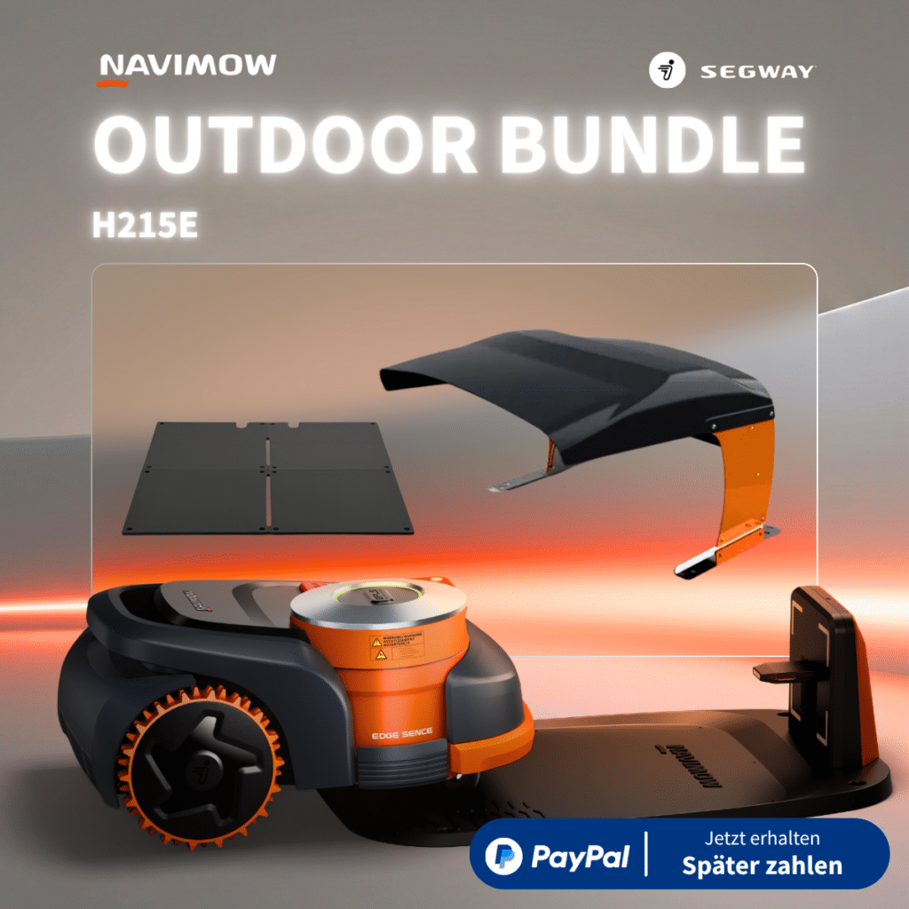 Navimow H215E Mähroboter Outdoor Bundle mit Regenschutz-Abdeckung und Garagenmatte als Explosionsdarstellung