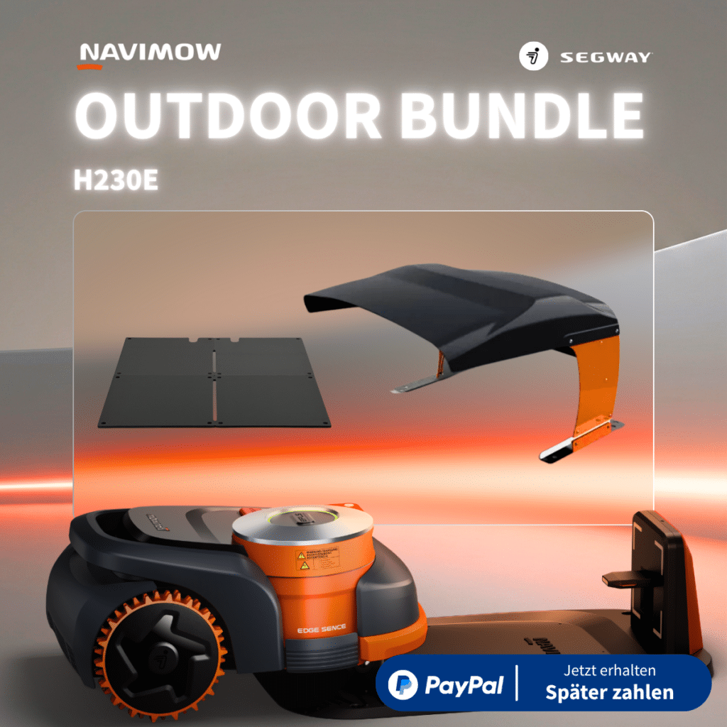 Navimow H230E Mähroboter Outdoor Bundle mit Regenschutz-Abdeckung und Garagenmatte als Explosionsdarstellung