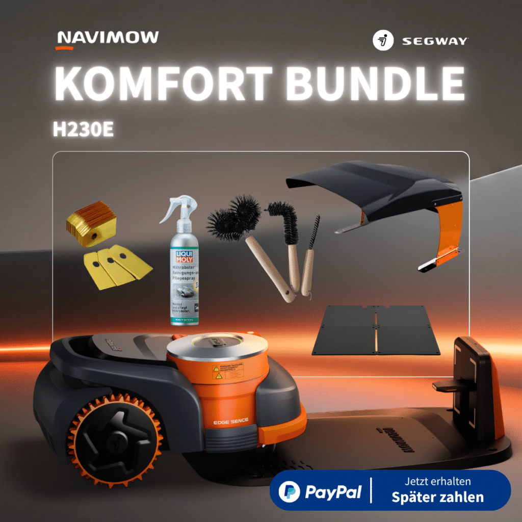 Navimow H230E Mähroboter Komfort Bundle mit Long Life Klingen, Reinigungsbürste, Liqui Moly Pflegemittel, Regenschutz und Garagenmatte als Explosionsdarstellung