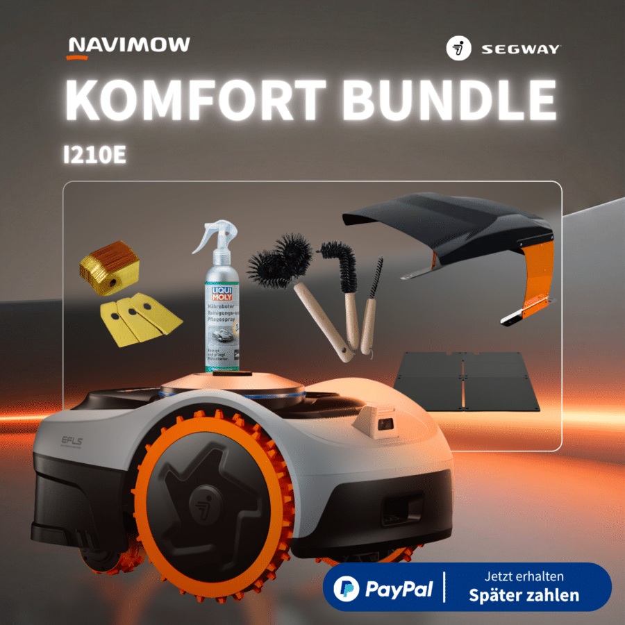 Navimow I210E Mähroboter in Weiß-Orange mit Komfort Bundle: Long Life Klingen, Reinigungsbürste, Liqui Moly Pflegemittel, Regenschutz und Garagenmatte als Explosionsdarstellung