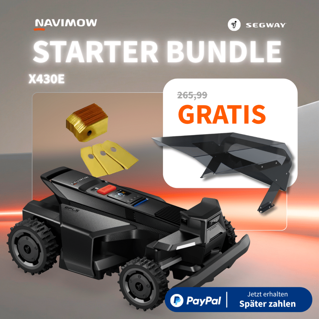 Segway Navimow X430E Starter Bundle – kabelloser Mähroboter mit Ersatzmessern, Messerhalter und Wetterschutz-Abdeckung gratis im Wert von 265,99 €, PayPal Ratenzahlung verfügbar