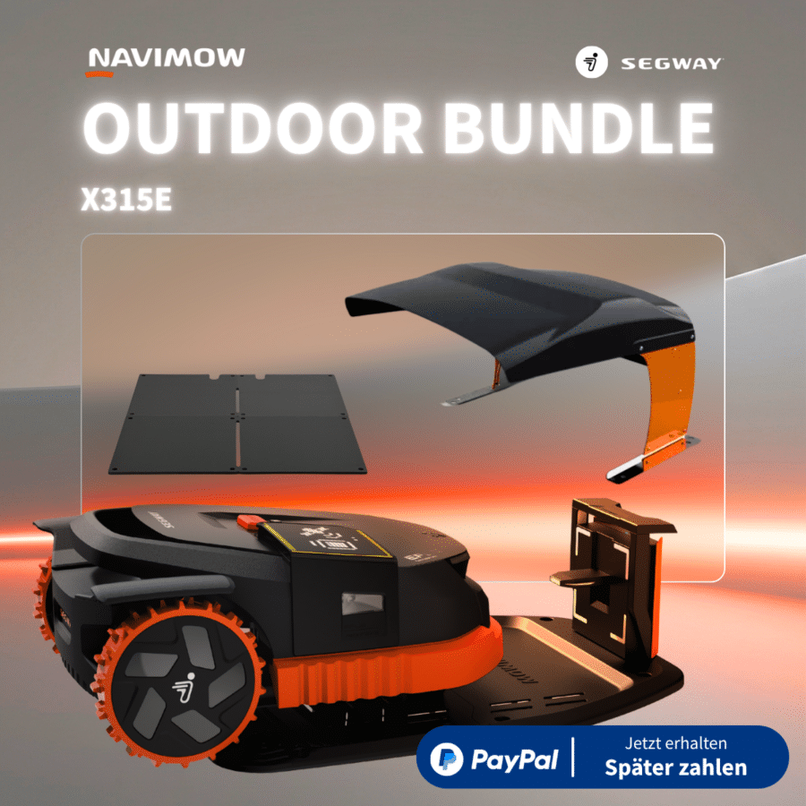 Segway Navimow X315E Outdoor Bundle – kabelloser Mähroboter mit orangefarbenen Rädern, Solarpanel-Ladestation und Wetterschutz-Abdeckung, PayPal Ratenzahlung verfügbar