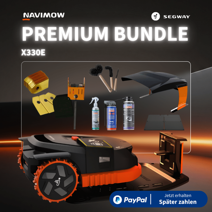 Segway Navimow X330E Premium Bundle – kabelloser Mähroboter mit orangefarbenen Rädern, Ersatzmessern, Reinigungsbürsten, Liqui Moly Pflegespray, Wetterschutz-Abdeckung und weiterem Zubehör, PayPal Ratenzahlung verfügbar
