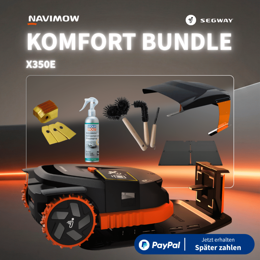 Segway Navimow X350E Komfort Bundle – kabelloser Mähroboter mit orangefarbenen Rädern, Ersatzmessern, Reinigungsbürsten, Liqui Moly Pflegespray und Wetterschutz-Abdeckung, PayPal Ratenzahlung verfügbar