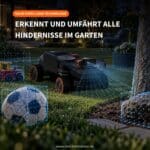 Navimow H5 Pro erkennt mit 3D-LiDAR und KI-Kameras Hindernisse im Garten wie Spielzeug, Ball und Baumstamm und umfährt sie