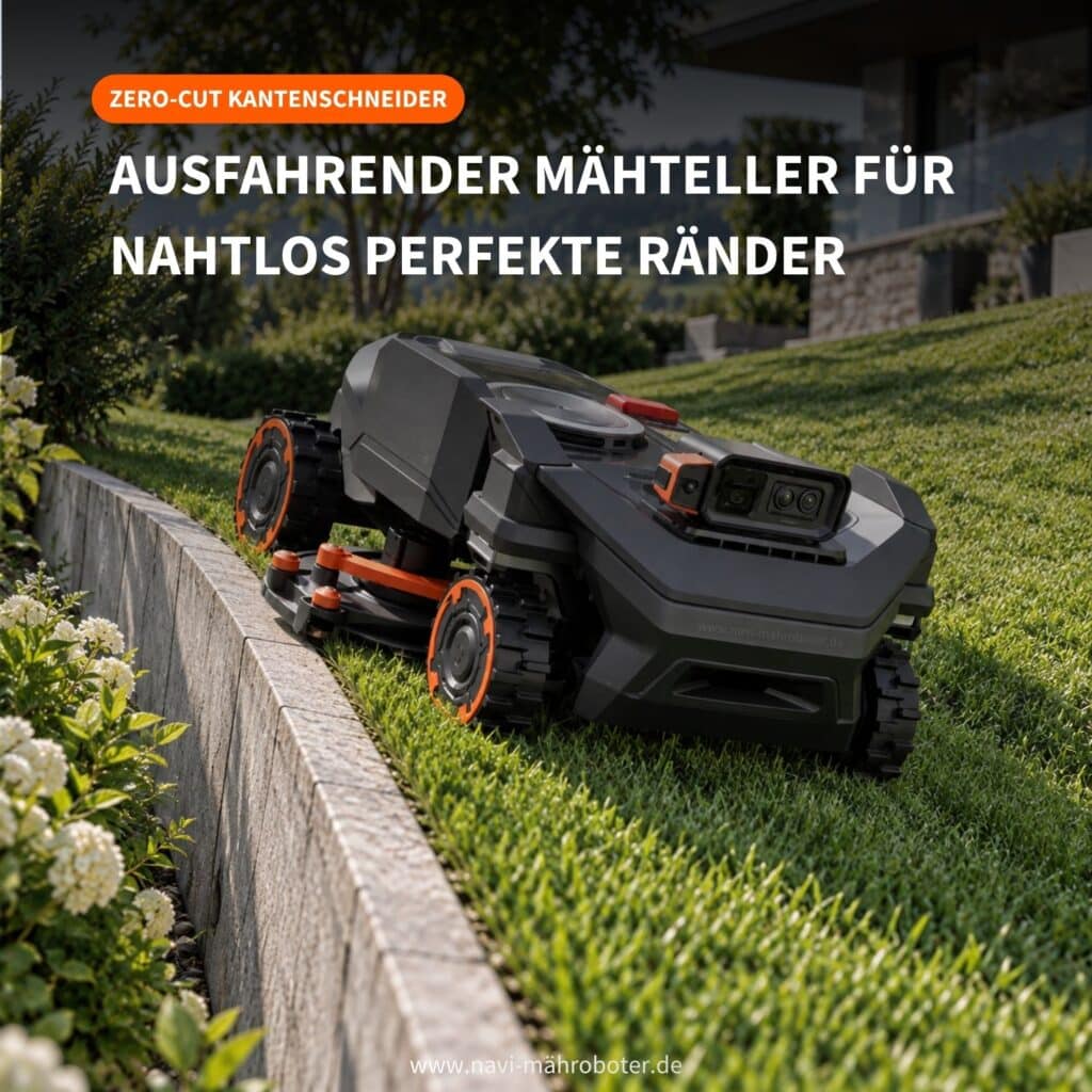 Navimow H5 Pro mit ausgefahrenem Zero-Cut Kantenschneider: Der Mähteller fährt 7,7 cm seitlich aus und schneidet den Rasen bis an die Mauerkante