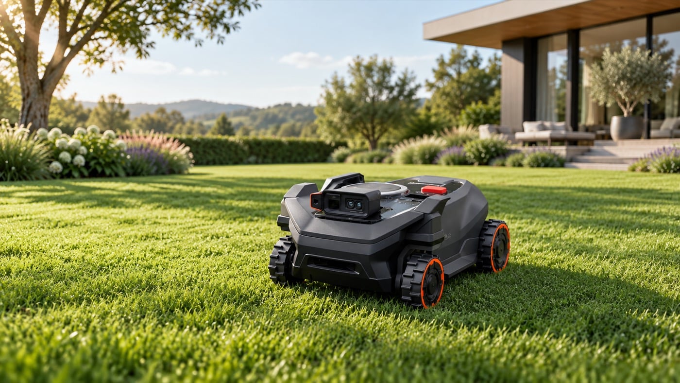 Segway Navimow H5 Pro Mähroboter mit Allradantrieb auf gepflegtem Rasen vor einem modernen Haus