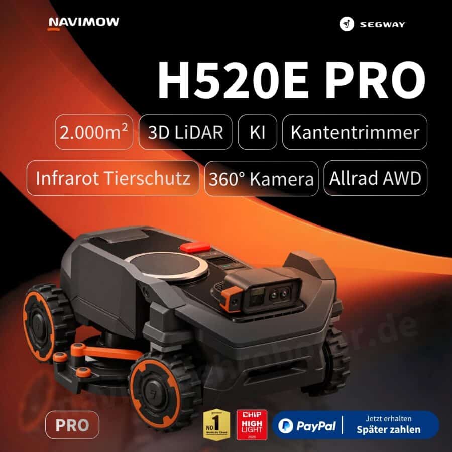 Segway Navimow H520E Pro Black Edition kaufen – KI-Mähroboter für 2.000 m² mit Zero-Cut Kantenschneider, 3D-LiDAR, 360°-Kamera und Allradantrieb