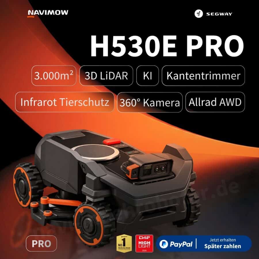 Segway Navimow H530E Pro Black Edition kaufen – KI-Mähroboter für 3.000 m² mit Zero-Cut Kantenschneider, 3D-LiDAR, 360°-Kamera und Allradantrieb